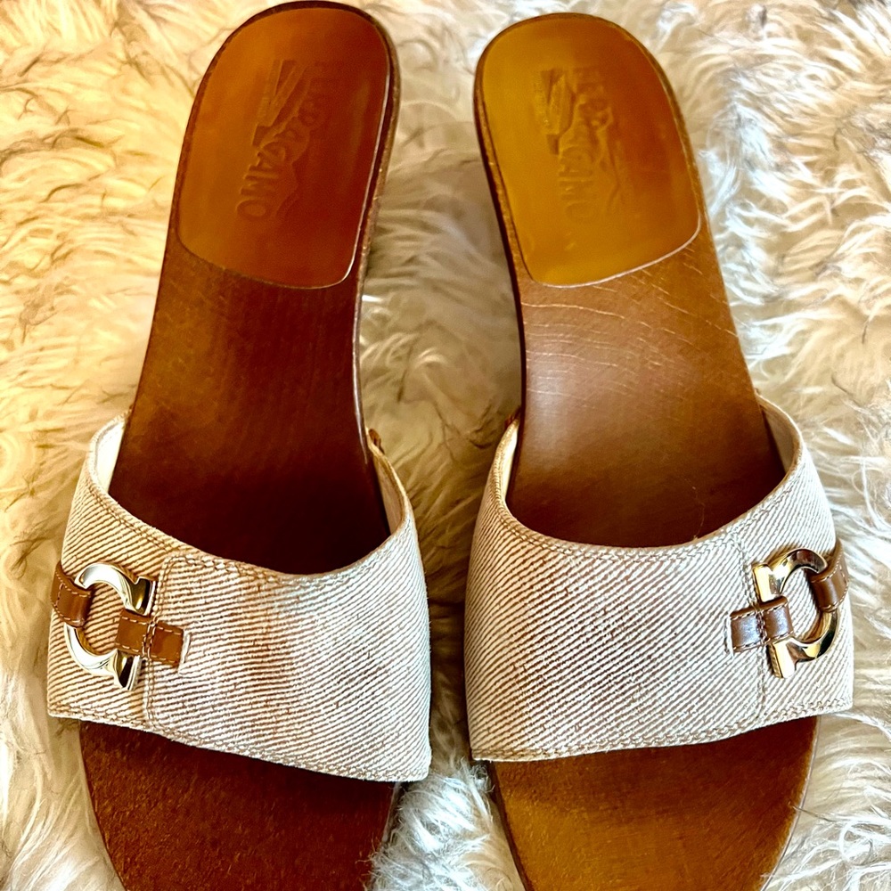 Salvatore Ferragamo Cream and Beige Wood slipper Mule Sandal